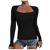 XUNN Damen Strickpullover Rechteckiger Ausschnitt Gerippter Strickpullover Einfarbig Pullover Maßgeschneidertes Freizeit Oberteil Langarmhemd Langarmshirt Tops Herbst- und W