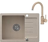 VBChome Spülbecken Beige Granit 60 x 44 cm Einzelbecken Einbauspüle gesprenkelt reversibel Verbundspüle + Siphon Waschbeck