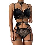 TOP GEE Damen Scallop Trim Spitze Strumpfband Dessous Set mit Abnehmbarem Choker BH und Panty Strappy Babydoll S-XL, schwarz, X-Larg