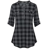 Damen V-Ausschnitt Kariert Bluse 3/4 ärmel Kurzarm Reißverschluss Tunika Longshirt Tshirt Elegant Sexy Tops Langarmshirt Gestreift Karo Hemd Blusenshirt Freizeit Mit Einstellbare ärmeln Lose Ob