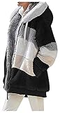 joyvio Damen Fuzzy Fleece Mantel Offene Front Kapuzen Color Block Cardigan Jacke Outwear mit Tasche (Color : Black, Size : 4XL)