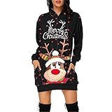 PWKNRD Damen Weihnachtspullover Casual Sweatshirt Hoodies Kleid Langarm Kapuzenpullover Herbst Winter Warm Minikleid Knielang Jumper Oberteile Rentier Muster Pullover Mode Weich Outwear B