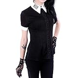 TWIFER Damen Moon Gedruckt Gothic Punk Schwarz V Ausschnitt Button Down Top Kurzarm T S