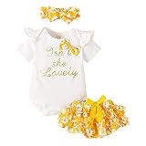 Binggong Mädchenbekleidung Brief drucken Kurze Ärmel O Neck Romper + Floral Ruffles Shorts + Floral Bowknot (Yellow, 6-9 Months)