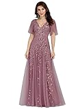 Ever-Pretty Damen A-Linie Abendkleider V-Ausschnitt Romantisches Kurze Ärmel Elegant Partykleid Lang Orchidee 48