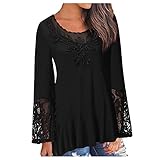 Komiseup Damen Bluse Langarm Rundhals Spitzenärmeln Langarmshirt Lose Eleganter Ausgestellten Ärmeln Pullover Tshirt Einfarbiges Ob