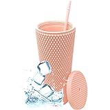 Trinkbecher mit Strohhalm-Deckel – doppelwandige Tasse für Eiskaffee, Slush oder Smoothies, Ihr Heimkino-Tasse (matte Koralle, 700 ml)