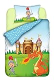 Aminata Kids Kinderbettwäsche 100x135 Ritter-Burg-Motiv mit Drache aus Baumwolle mit Reißverschluss, unsere Kinder-Baby-Bettwäsche-Setweich und kuschelig, blau, grün b