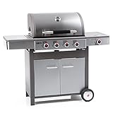 GRILLCHEF Gasgrill 4.1 | 4 Brenner je 3,6 kW und Seitenbrenner | Doppelwandiger Deckel + Deckelthermometer | Grillrost aus emailliertem Gusseisen | Edelstahl-Unterschrank + Transportrollen [Edelstahl]