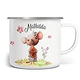 Mikalino Emaille Tasse Maus mit Blumen personalisierte Kindertasse mit Namen bedruckt Emaille Becher Emailletasse | handbedrucktes Geschenk, Farbe:weisssilber, Grösse:300