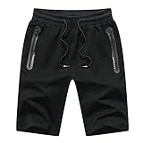 JustSun Kurze Hosen Herren Shorts Sommer Jogginghose Kurz Baumwolle Sport Gym Sweat Fitness Shorts Herren Reißverschluss Taschen Schwarz S