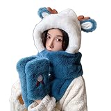 XuHangFF 3-in-1 Plüsch-Elchohren, Mütze, Schal, Handschuhe, Beanie-Mütze mit Taschen, kältebeständig, für den Winter, tägliches Tragen, morgendliches Training, blau, S/L