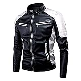 Herren Moto Jacke Stehkragen Reißverschluss Lederjacke Casual Langarm Solide Winddicht Top Motorradmantel Thermo Dicke Outwear Atmungsaktiv Leicht Weich Outdoor Klassisch Regular Fit, Schwarz , XXL