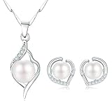 Shuxin Silber Schmuckset Damen, 925 Sterling Silber Halskette & Ohrringe Set, Perle Anhänger mit 45cm Kette & Ohrstecker mit Weiß Zirkonia, Liebe Geschenk für Mutter Frau Freundin Kommt in Schmuck Box