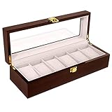 Feibrand Uhrenbox Aufbewahrungsbox Holz Organizer: Uhren Boxen Männer Schmuck Display 6 Slots Holzen Uhr Reise Geschenk Halter mit Schloss & Glas Deckel & abnehmbare Kissen für Hold Wrist Watch B