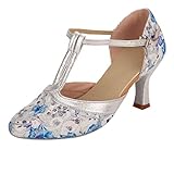 Damen Standard Latein Tanzschuhe T-Strap Pumps High Heels mit Riemchen Geschlossen Spangenpumps Salsa Tango Schuhe Elegante Runde Zehe Blumen Muster Party Hochzeit Celucke (Blau, EU39)