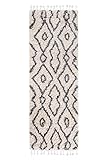 Carpeto Rugs Läufer Teppich Boho mit Fransen - Shaggy Skandinavischer Stil Ethno Muster - Wohnzimmer Schlafzimmer Flur - Weich und Flauschig Hochflor 30 mm ÖKOTEX - Creme 60 x 200