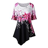 Bluse Damen Elegant Halber Ärmel Rundhals Blumenmuster Lange Tops Damen Unregelmäßiger Saum Mode Sommer Lockere Shirt Damen Arbeit Lässig All-Match Damen Oberteile D-Red L