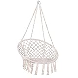 SPRINGOS Hängeschaukel mit Fransen, Hängesessel, geflochten, Makramee-Design, Baumwolle, Gartenschaukel, Schaukelstuhl zum Aufhängen, mit Seilen und Ringen, für Außen und Innen (Beige)