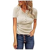 Masrin Damen Tops Mode Einfarbig Henry Collar Shirt V-Ausschnitt Button-Down Pullover Kurzarm Spaghetti Tunika Rippbluse(L,Beige)