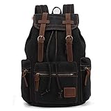 Vintage Rucksäcke 15 Zoll, KAUKKO Damen Herren Schulrucksack Daypack Retro Stylisch Backpack für Outdoor Wanderreise Camping mit Großer Kapazität 27×16×41 cm (schwarz02
