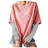 GOKOMO Langarmshirt Damen gefälschte Zweiteilige Bedrucktes lässiges Oberteil Oversized Mode Lässige Lange Ärmel Blusen Lockere Freizeit Hemdbluse Longshirt Streetwear(XL,Rosa)