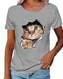 ORANDESIGNE Katzen Tshirt Damen 3D Druck Kurzarm Oberteil Rundhals Tunika Mode Losen Tee Streetwear Teenager Mädchen Casual T-Shirt Tops Sweatshirt C Grau XXL