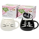 Tougo 2 Stück Kaffeetassen Kaffeebecher Set für Wasser/Tee/Milch/Kaffeeischer, Porzellan,Katze Design, 350ml, Hochzeit, Jubiläum und Weihnachten,Schwarz + weiß