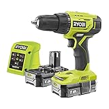 Ryobi Akku-Bohrschrauber ONE+ R18DD4-215GJ, 18V, inkl 2 x 1,8 Ah Li-Ionen-Akku & Ladegerät, Schnellspann-Bohrfutter mit Auto-Lock-Funktion 1,5 mm - 13 mm Automatische Spindelarretierung