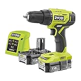 Ryobi Akku-Bohrschrauber ONE+ R18DD4-215GJ, 18V, inkl 2 x 1,8 Ah Li-Ionen-Akku & Ladegerät, Schnellspann-Bohrfutter mit Auto-Lock-Funktion 1,5 mm - 13 mm Automatische Spindelarretierung