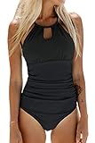 CUPSHE Damen Badeanzug High Neck Bademode Raffung Bauchweg Cut Out Einteilige Strandmode Swimsuit Schwarz L