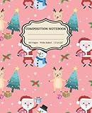 Composition Notebook: Merry Christmas Snowman, Santa, Reindeer And Pine Tree Snowflakes Winter Pink Cover, Wide Ruled, 110 Pages, 7.5x9.25 I