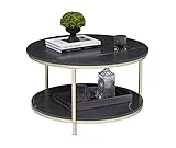 HOMOPIV Couchtisch rund, Wohnzimmertisch mit 2 Ebenen, Sofatisch mit Strauraum, Beistelltisch fürs Wohnzimmer mit goldem Metallrahmen, Kaffeetisch schwarzes Marmor M