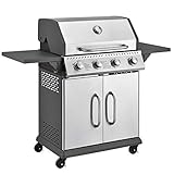 Gasgrill Kansas mit 4 Brenner 12 kW, BBQ Grill mit Gusseisen-Grillrost, Warmhalterost & Thermometer, XL Grillwagen 2 Seitenablagen & 4 R