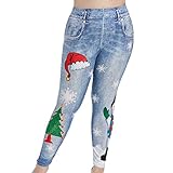 SHINROAD Damenhose mit Taschen, hautfreundlich, atmungsaktiv, lange Weihnachtshose, Schneemann-Druck, hohe Taille, Damenhose für Festival, Dating, Blau, L