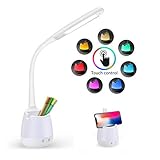 Kinder Schreibtischlampe,Kind Led Schreibtischlampe Augenschutz Leselampe Nachttischlampe mit Stifthalter Schwanenhals, Touch Control, 3 Helligkeitsstufen Dimmbar und 8 Farbe Nachtlicht,USB