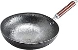 WZYX Wok traditioneller, handgehämmerter Wok aus Karbonstahl, Holz und Stahl, abnehmbarer Griff, runder Boden, nur für Gasherde geeig