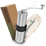 Blockhütte Edelstahl Kaffeemühle manuell mit komfortablem Keramikmahlwerk I Grau I mit Naturborsten Reinigungsp