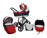 Skyline Kombi 3in1 Kinderwagen mit einem Aluminium Gestell, Babywanne, Sport Buggyaufsatz und Babyschale (ISOFIX) (White&Red)