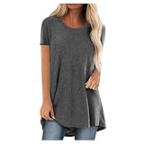 Kurzarm/Langarm Tunika Damen Casual Lose Rundhals T-Shirt mit Einfarbig Und Bedruckt, O-Ausschnitt für Frauen, Lockere Blusen Oberteile Damen Sommer Elegant Langen Shirt Longshirt Damen Plissee S