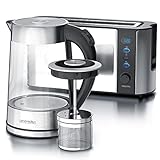 Arendo - Edelstahl Glas Wasserkocher mit Teesieb u wählbaren Temperaturstufen 1,7 L und 2 Scheiben Toaster in Edelstahl Langschlitztoaster 750W