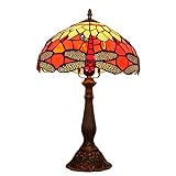 VOMI Tiffany Stil Lichter Libelle Tischlampe, Vintage Handgemachte Glasmalerei Tischleuchte Schreibtischlampe mit Pfau Basis für Wohnzimmer Schlafzimmer Cafe Bar, E27 Retro Schlafzimmerlamp