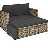 TecTake 800884 Poly Rattan Lounge Set, 2-Sitzer Sofa mit Rückenlehne, großer Hocker mit klappbarer Stütze, inkl. Dicke Auflagen, Gartenmöbel Set für Garten & Terrasse (Natur | Nr. 403688)