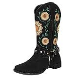 Cowboy Stiefeletten Damen Leder Stiefeletten Blockabsatz Plateau Westernstiefel Halbhohe Stiefel Stickereien Biker Boots rutschfest Combat Boots Schlupfstiefel Western Stiefeletten R