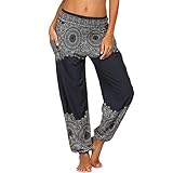 Nuofengkudu Damen Hippie Haremshosen mit Taschen Leichte Boho Muster Bunt High Waist Yogahosen Sommer Lockere Aladin Hosen (Schwarz A,One Size)