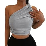Damen One-Shoulder-Glitzer-Top, sexy Pailletten, ärmellos, gerüscht, schmale Passform, Y2K Streetwear, Sparkle Tee, silber, S