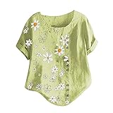 routinfly Damen Sommer Casual Tops, Damen Plus Size O-Neck Kurzarm Print Knöpfe Baumwolle Leinen Vintage Tops Damen Tunika Top