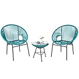 COSTWAY 3-teiliges PE Rattan Möbelset, Bistro-Set mit Glastisch & 2 Terrassenstühle, Balkonset Garten Sitzgruppe Gartenmöbel für Terrasse Rasen Garten Hinterhof (Green)