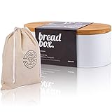 eazyum.® Premium Design Brotkasten | Weisse Brotbox mit nachhaltigem Bambus-Deckel als Schneidebrett, Brotsack & Belüftung | Stilvolle Brotaufbewahrung für frisches & knuspriges Gebäck