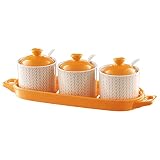 Keramik-Gewürzdosen mit Deckel,Zuckerdosen,Gewürzdosen,Vorratsdosen und Dosen,Gewürzdosen-Set mit Deckel,Löffel und Tablett für die Küche,3er-Set (Orange)